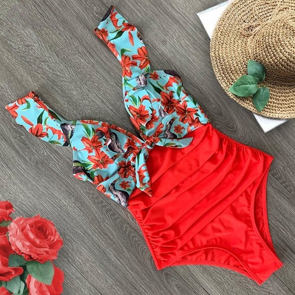 Duck Egg & Red Ruffle Shoulder One-Piece Swimsuit - Flamin' Fitness